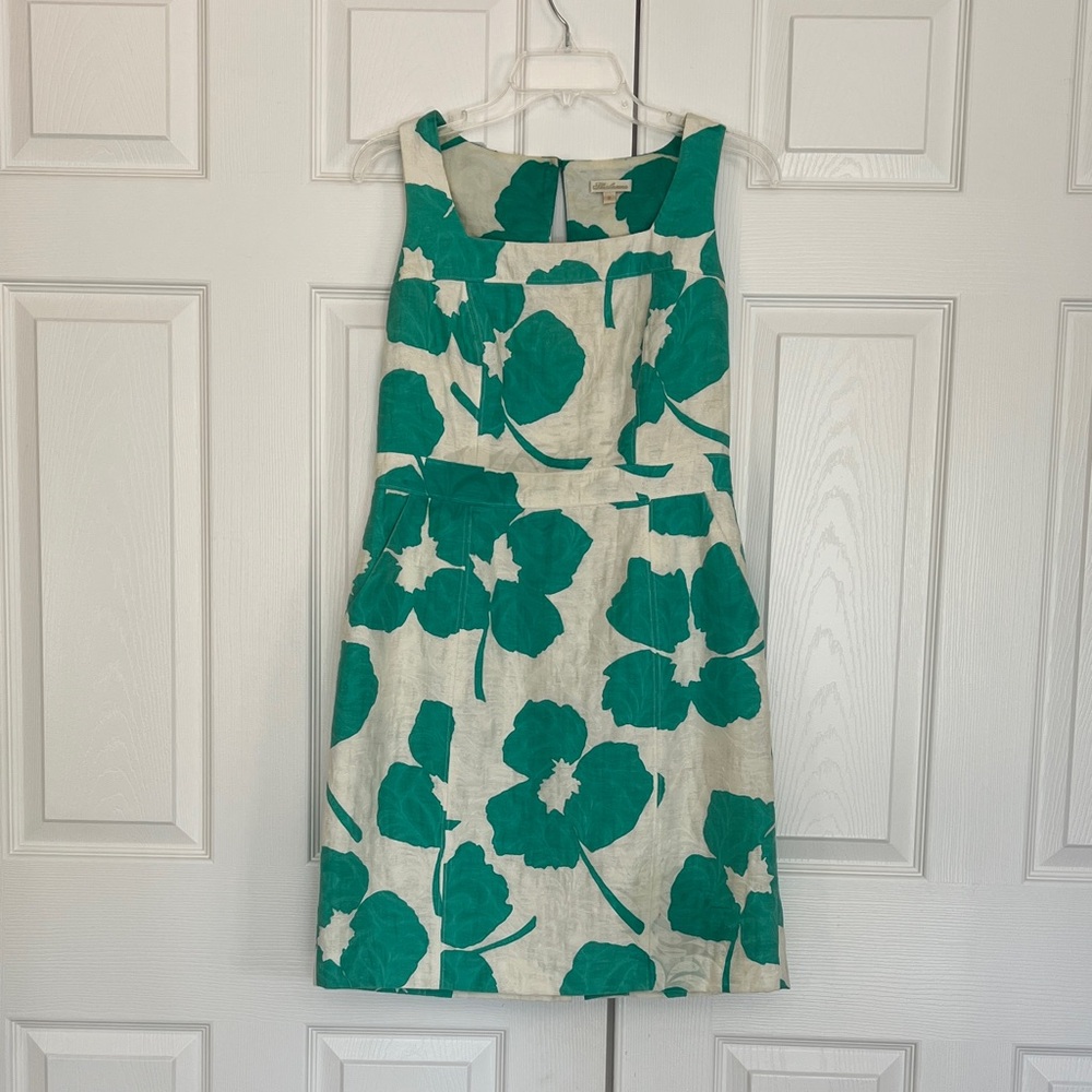 Vintage Shoshanna Teal Floral Square-Neck Cotton Blend Fully Lined Midi Dress